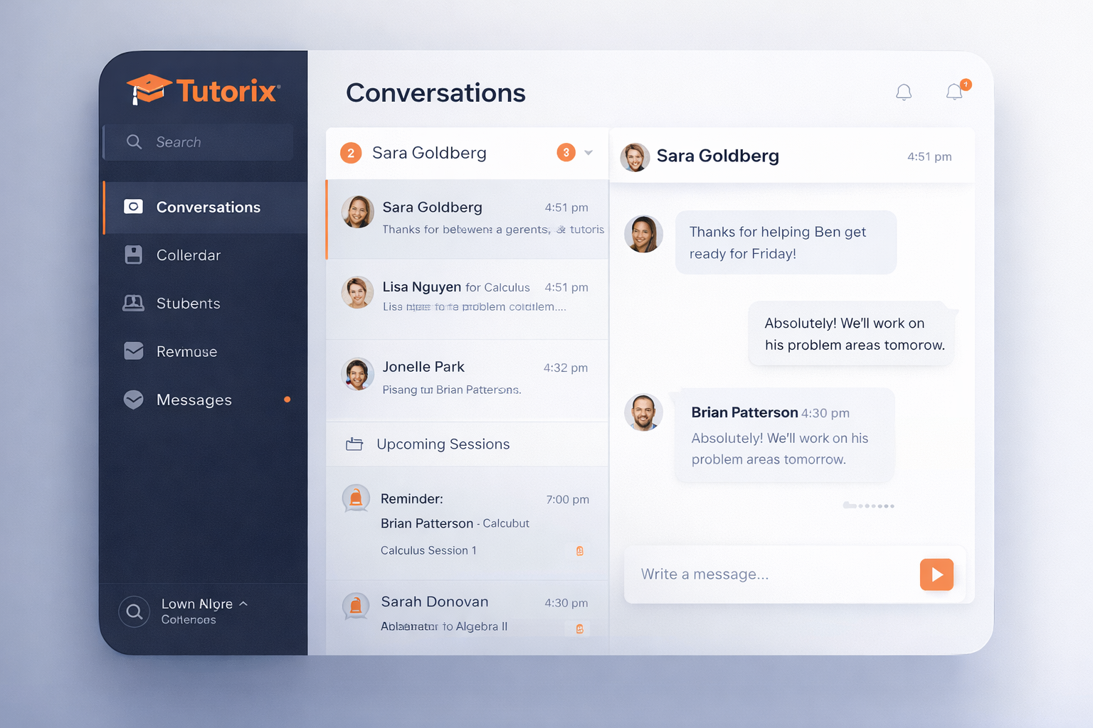 Tutorix inbox interface with conversations